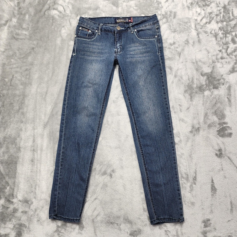 Rich Cow Jeans 13 Juniors Blue Mid Rise Skinny Rhinestone Cross Pockets Stretch
